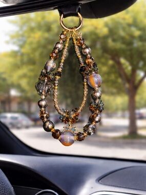 Gold and Amber Glass Bead Double-Strand Necklace with Blue-Orange Accent